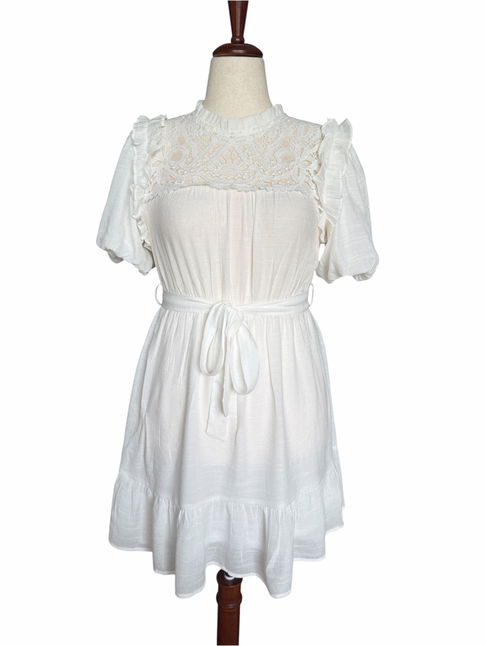 MINE White Ruffle Lace Yoke Mini Dress Size L Cottagecore Prairie Boho Romantic